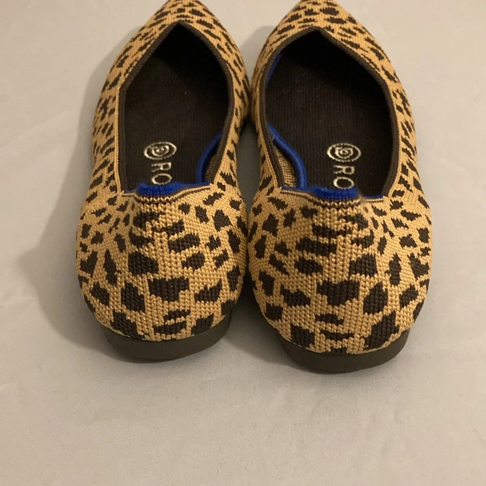 Rothy's Leopard Print Pointed Toe Flats in Tan and Black with Blue Trim - Picture 2 of 5